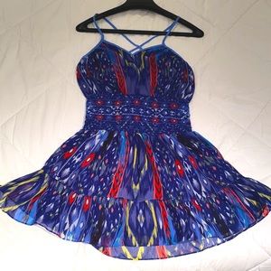Bebe Blue Print Cinched Waist Layered Spaghetti Strap Criss Cross Mini Dress XS